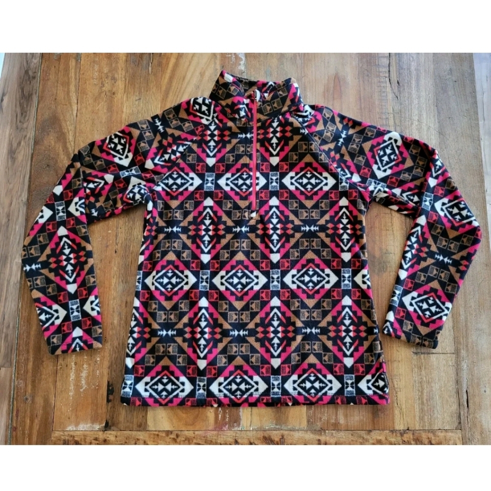 Eddie Bauer Womens Medium Fleece Quarter Zip Geometric Pullover Sweater Red b330